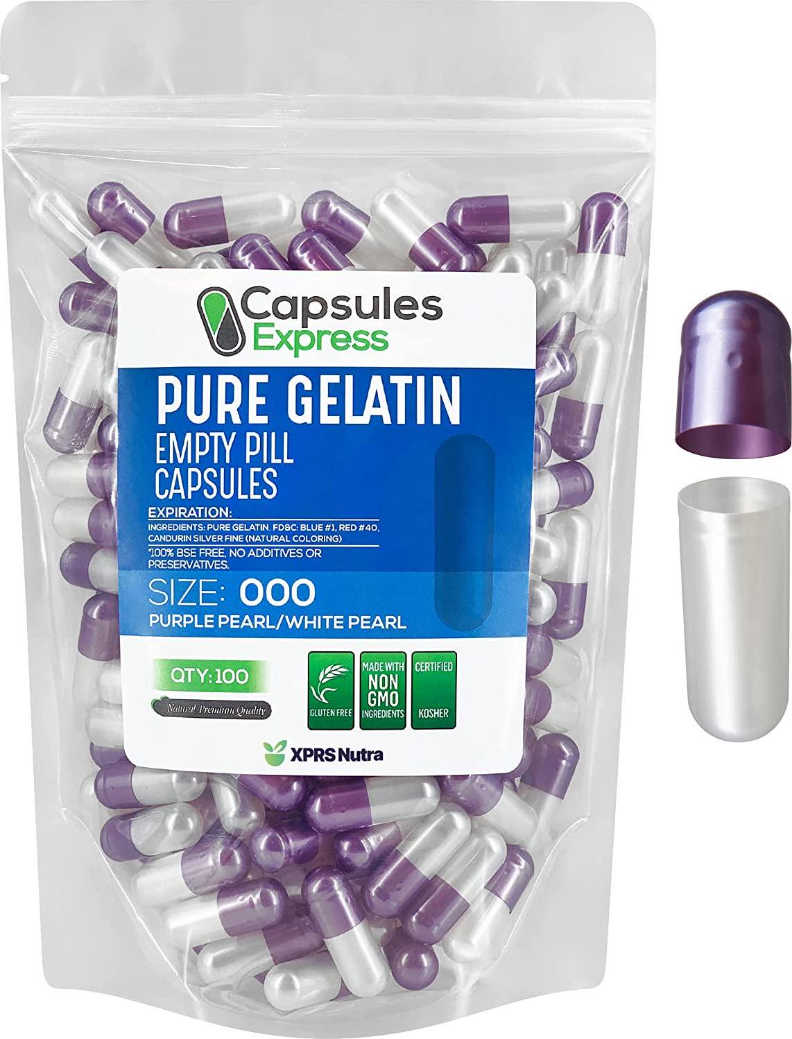 Capsules Express- Size 000 Purple Pearl and White Pearl Empty Gelatin Capsules - Kosher - Pure Gelatin Pill Capsule - DIY Powder Filling (100)