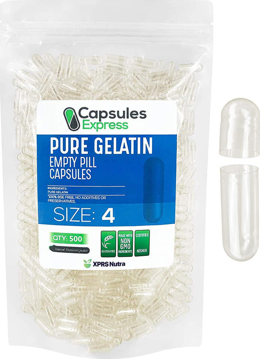 Capsules Express- Size 4 Clear Empty Gelatin Capsules 500 Count - Easy to Swallow - Kosher and Halal - Pure Bovine Gelatin Pill Capsule - DIY Supplement Powder Filling