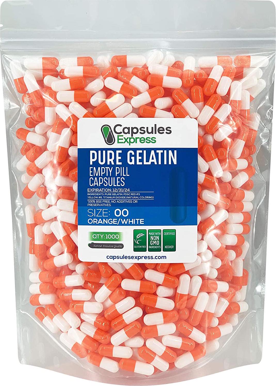 Capsules Express- Size 00 Orange and White Empty Gelatin Capsules - Kosher Certified - Pure Gelatin Pill Capsule - DIY Powder Filling (1000)
