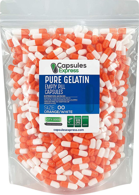 Capsules Express- Size 00 Orange and White Empty Gelatin Capsules - Kosher Certified - Pure Gelatin Pill Capsule - DIY Powder Filling (1000)