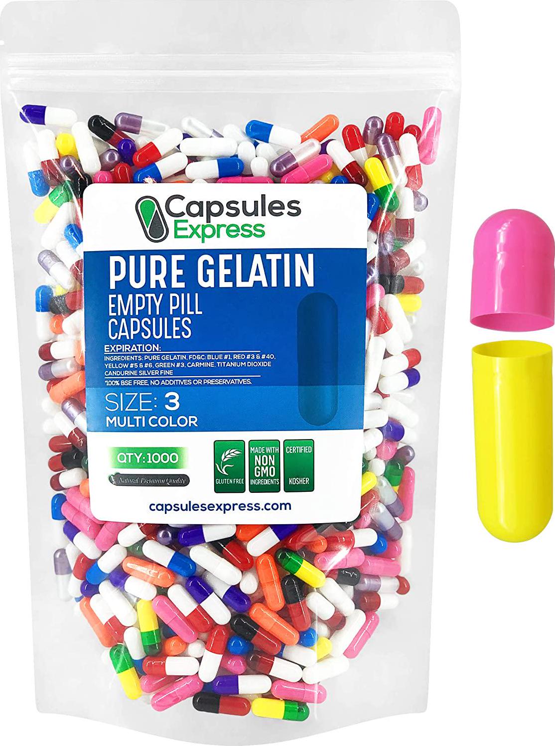 Capsules Express- Size 3 Multi-Colored Empty Gelatin Capsules- Kosher - Pure Gelatin Pill Capsule - DIY Powder Filling (1000)