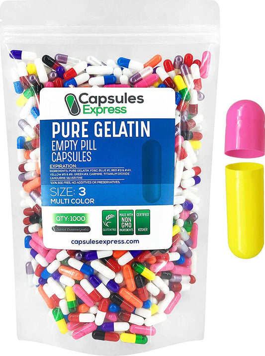 Capsules Express- Size 3 Multi-Colored Empty Gelatin Capsules- Kosher - Pure Gelatin Pill Capsule - DIY Powder Filling (1000)