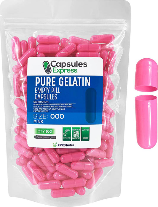 Capsules Express- Size 000 Pink Empty Gelatin Capsules - Kosher - Pure Gelatin Pill Capsule - DIY Powder Filling (100)