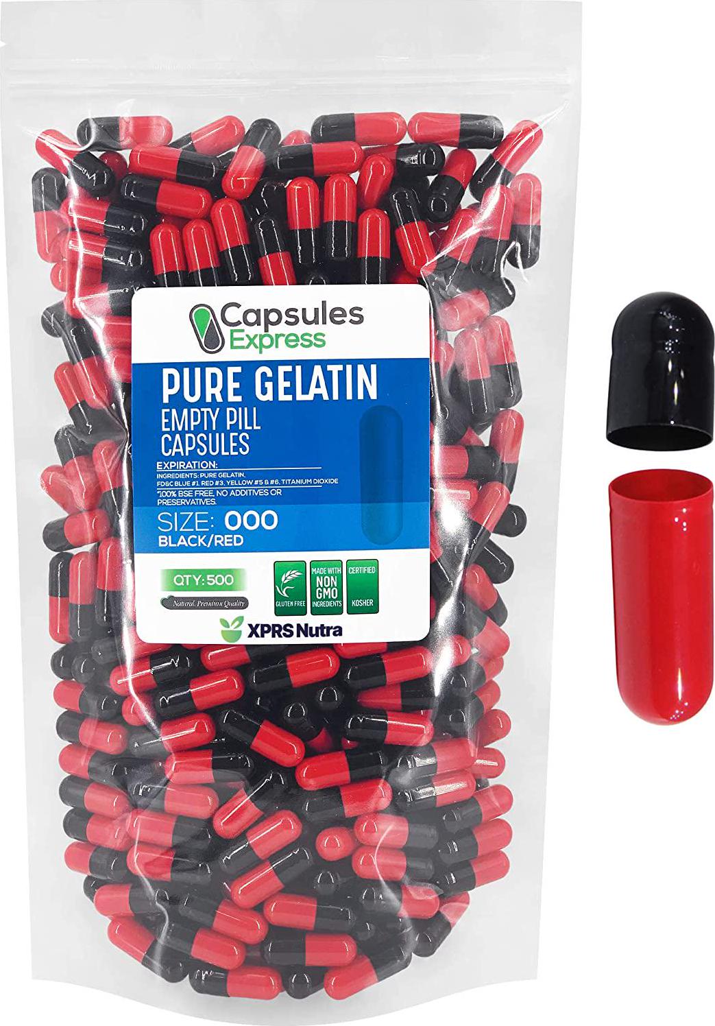 Capsules Express- Size 000 Black and Red Empty Gelatin Capsules - Kosher - Pure Gelatin Pill Capsule - DIY Powder Filling (500)