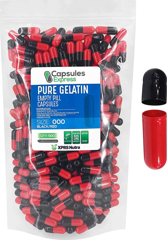 Capsules Express- Size 000 Black and Red Empty Gelatin Capsules - Kosher - Pure Gelatin Pill Capsule - DIY Powder Filling (500)