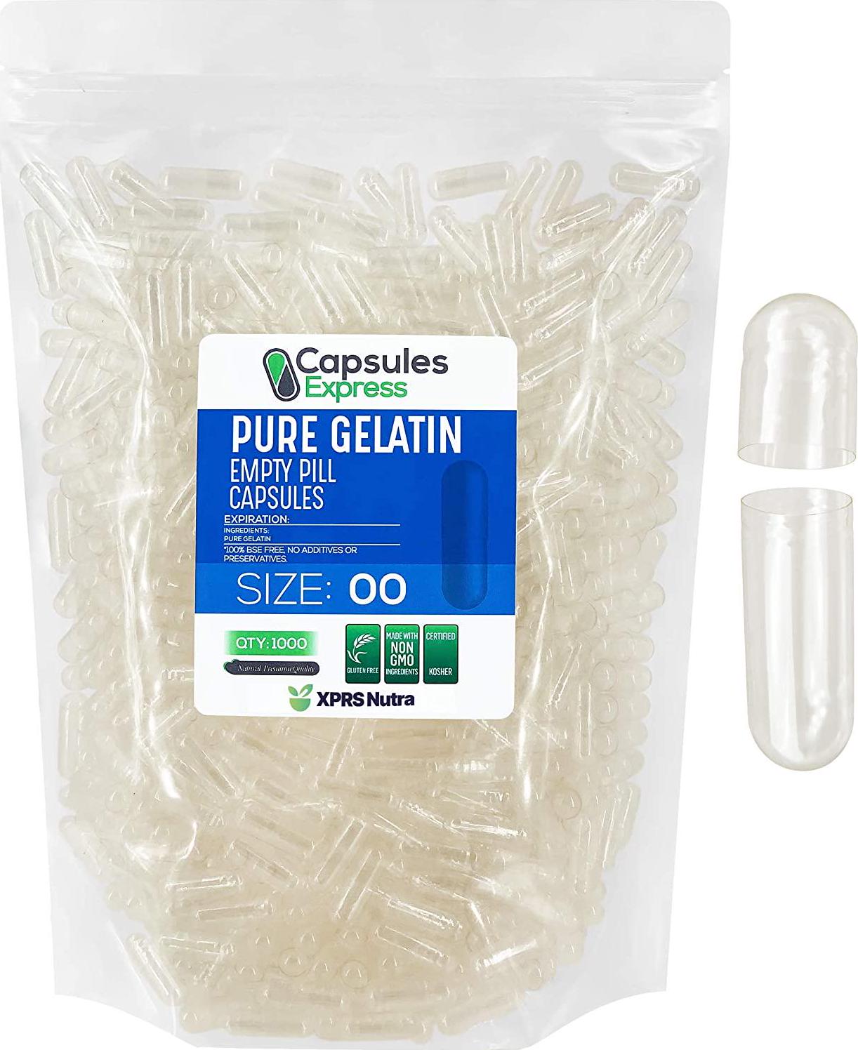Capsules Express- Size 00 Clear Empty Gelatin Capsules- Kosher and Halal Certified - Gluten-Free Pure Bovine Gelatin Pill Capsule- DIY Powder Filling (1000)