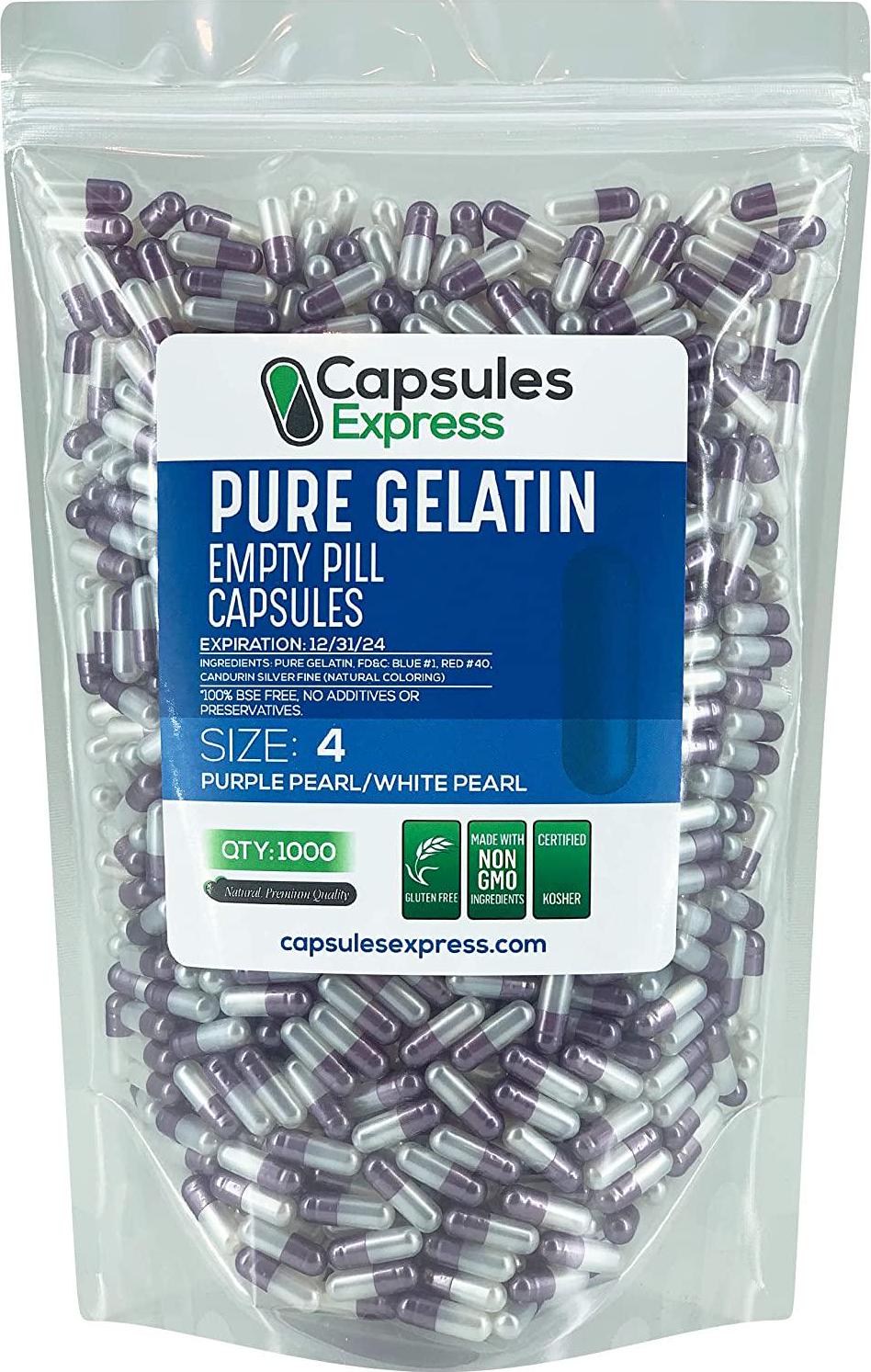 Capsules Express- Size 4 Purple Pearl and White Pearl Empty Gelatin Capsules - Kosher - Pure Gelatin Pill Capsule - DIY Powder Filling (1000)