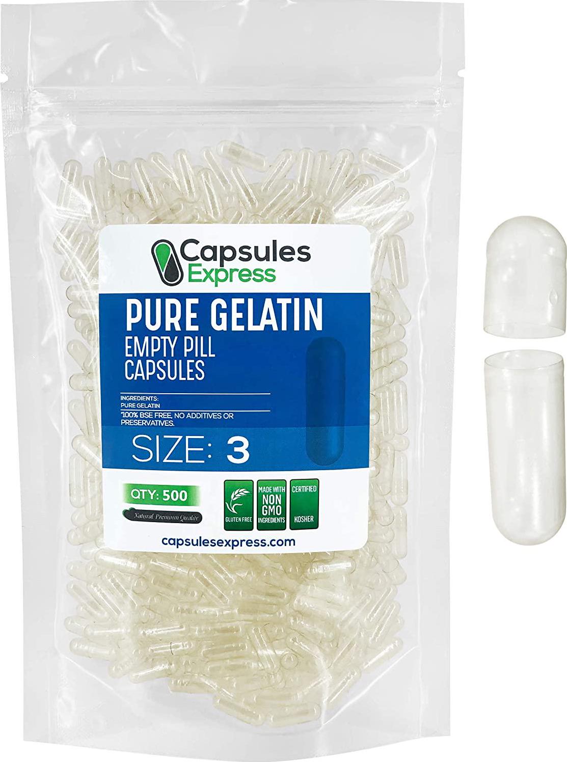 Capsules Express- Size 3 Clear Empty Gelatin Capsules 500 Count - Kosher and Halal Certified - Gluten-Free Pure Bovine Gelatin Pill Capsule - DIY Powder Filling