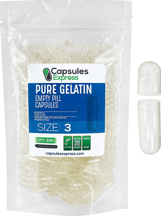 Capsules Express- Size 3 Clear Empty Gelatin Capsules 500 Count - Kosher and Halal Certified - Gluten-Free Pure Bovine Gelatin Pill Capsule - DIY Powder Filling