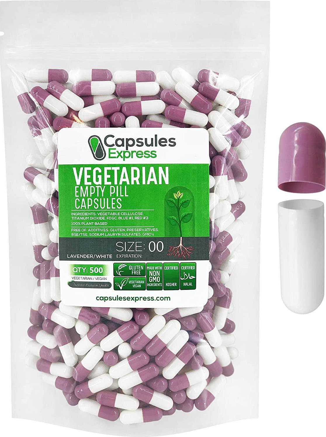 Capsules Express- Size 00 Lavender and White Empty Vegan Capsules - Vegetarian/Vegetable Pill Capsule - DIY Powder Filling (500)