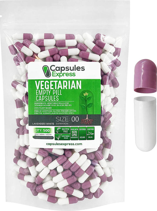 Capsules Express- Size 00 Lavender and White Empty Vegan Capsules - Vegetarian/Vegetable Pill Capsule - DIY Powder Filling (500)