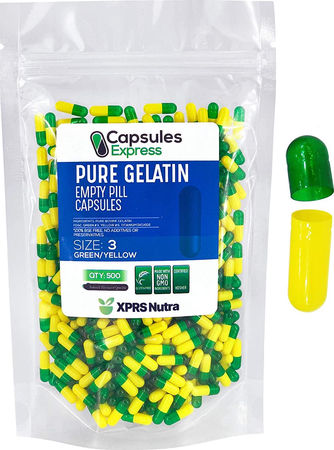 Capsules Express- Size 3 Green and Yellow Empty Gelatin Capsules- Kosher Certified - Gluten-Free Pure Bovine Gelatin Pill Capsule - DIY Powder Filling (500)