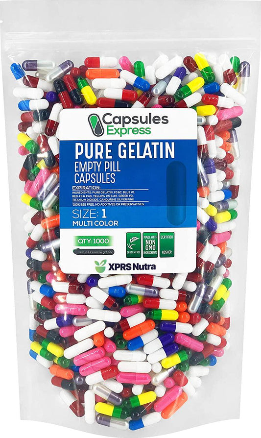 Capsules Express- Size 1 Multi-Color Empty Gelatin Capsules - Kosher Gelatin Pill Capsule - DIY Powder Filling (1000)