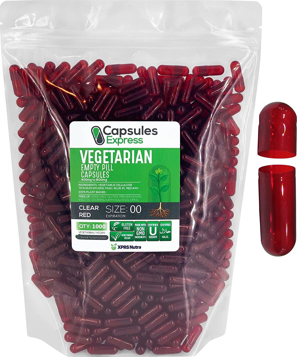 Capsules Express- Size 00 Clear Red Empty Vegan Capsules - Gluten-Free Vegetarian/Vegetable Pill Capsule - DIY Powder Filling (1000)