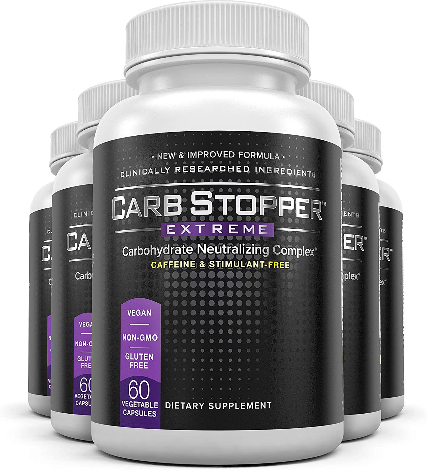 Carb Stopper Extreme (5 Bottles) Maximum Strength, Natural Carbohydrate and Starch Neutralizer | Keto Diet Cheat Supplement to Intercept Carbs with White Kidney Bean Extract, 60 Caps Each