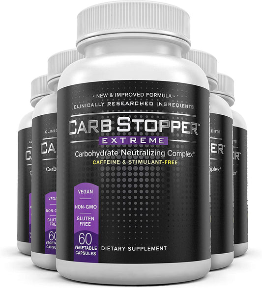Carb Stopper Extreme (5 Bottles) Maximum Strength, Natural Carbohydrate and Starch Neutralizer | Keto Diet Cheat Supplement to Intercept Carbs with White Kidney Bean Extract, 60 Caps Each