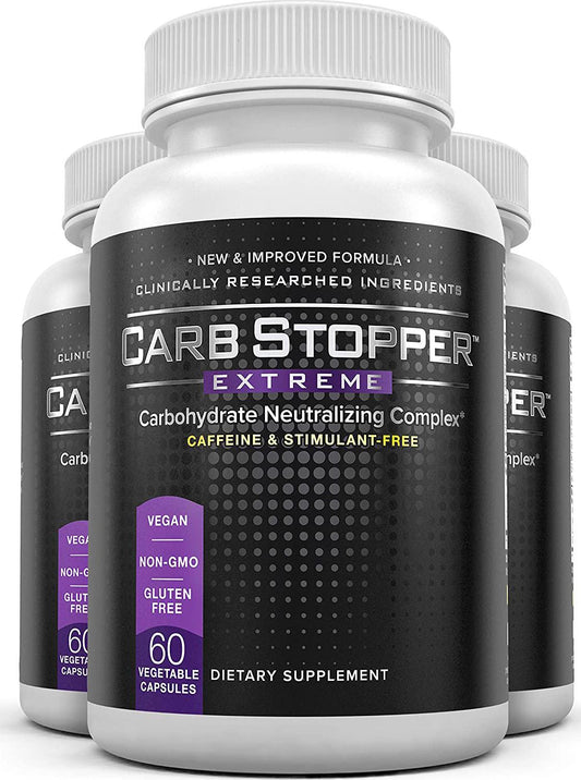 Carb Stopper Extreme (3 Bottles) Maximum Strength, Natural Carbohydrate and Starch Neutralizer | Keto Diet Cheat Supplement to Intercept Carbs with White Kidney Bean Extract, 60 Caps Each