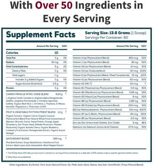 Cardio Miracle (TM) - The Complete Nitric Oxide Solution - Nutritional Heart Healthy L-Arginine and Organic Beetroot Drink Mix (Stevia) 90 Servings