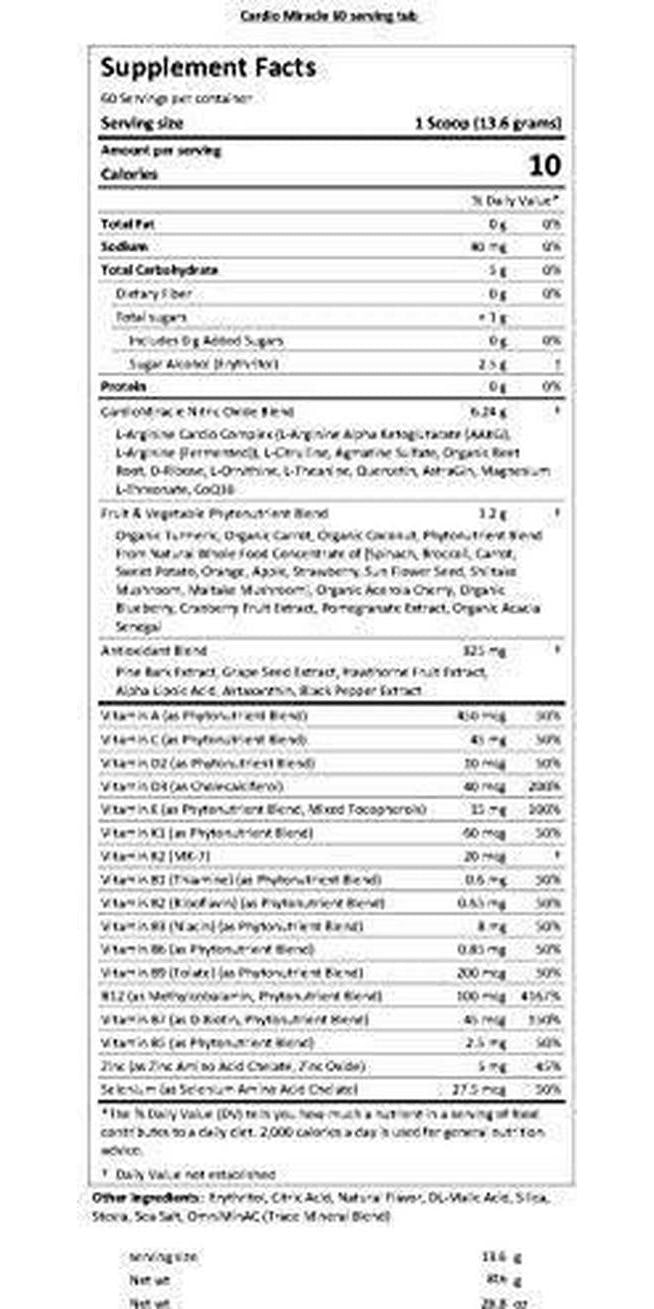 Cardio Miracle (TM) - The Complete Nitric Oxide Solution - Nutritional Heart Healthy L-Arginine and Organic Beetroot Drink Mix 60 Servings