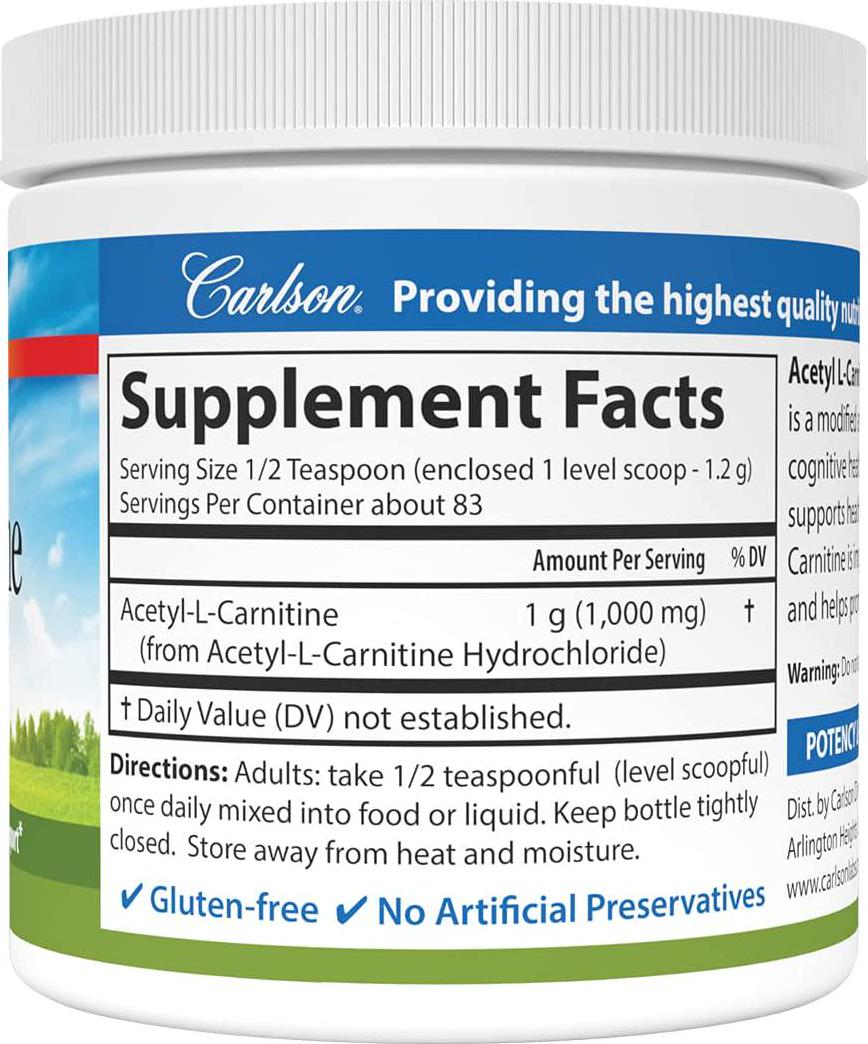 Carlson - Acetyl L-Carnitine Powder, Free-Form Amino Acid, Cognitive Health, Brain Function and Muscle Support, 3.53 oz (100 g)