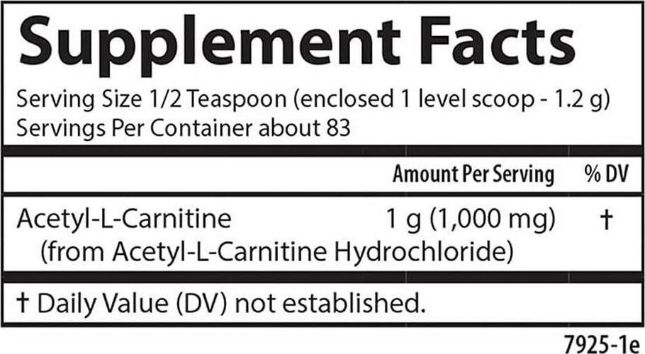 Carlson - Acetyl L-Carnitine Powder, Free-Form Amino Acid, Cognitive Health, Brain Function and Muscle Support, 3.53 oz (100 g)