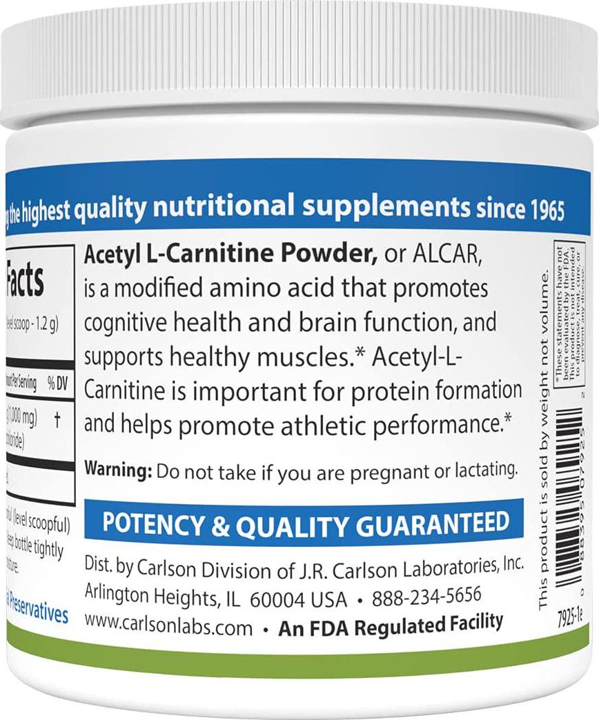 Carlson - Acetyl L-Carnitine Powder, Free-Form Amino Acid, Cognitive Health, Brain Function and Muscle Support, 3.53 oz (100 g)
