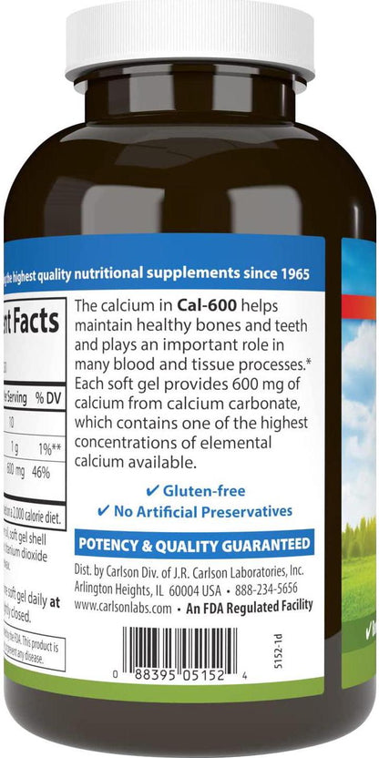 Carlson - Cal-600, 600 mg Calcium, Bone Support, Healthy Teeth and Optimal Wellness, 250 Softgels