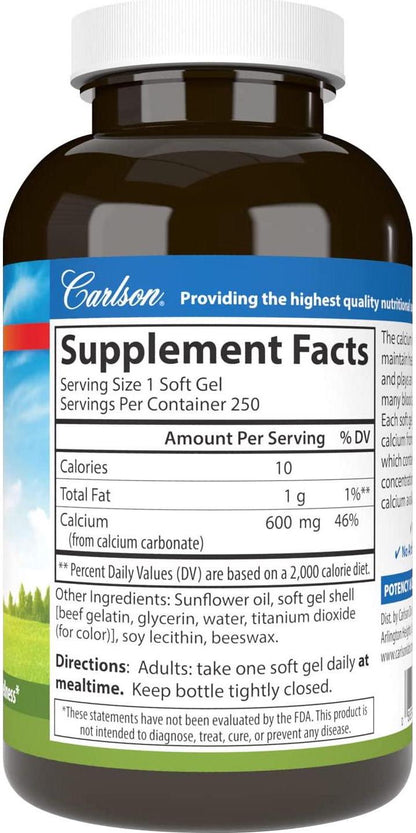 Carlson - Cal-600, 600 mg Calcium, Bone Support, Healthy Teeth and Optimal Wellness, 250 Softgels