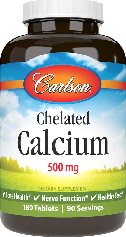 Carlson - Chelated Calcium, 500 mg, Bone Health, Nerve Function and Healthy Teeth, 180 Tablets