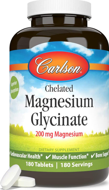 Carlson - Chelated Magnesium, 200 mg - Superior Absorption, Heart and Muscle Function, Bone Support, 180 Tablets