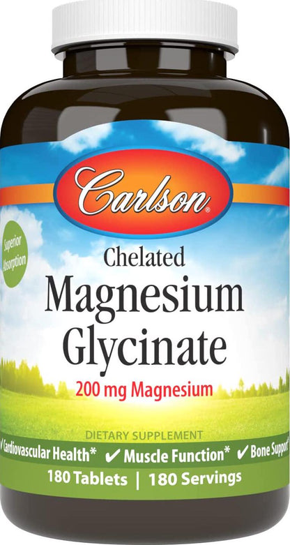 Carlson - Chelated Magnesium, 200 mg - Superior Absorption, Heart and Muscle Function, Bone Support, 180 Tablets