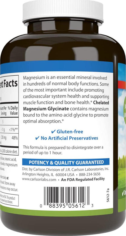 Carlson - Chelated Magnesium, 200 mg - Superior Absorption, Heart and Muscle Function, Bone Support, 180 Tablets