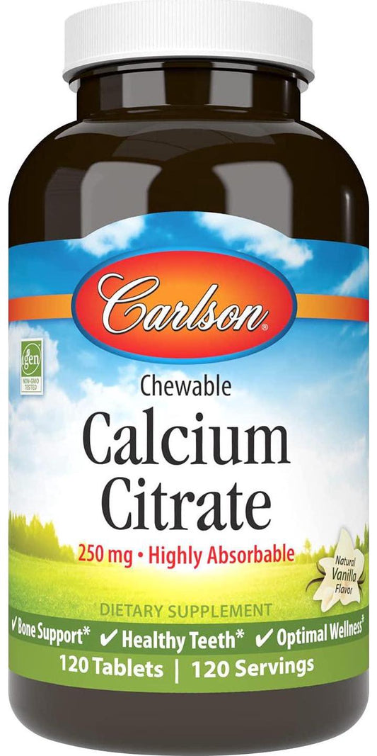 Carlson - Chewable Calcium Citrate, 250 mg Highly Absorbable, Bone Support, Healthy Teeth and Optimal Wellness, Vanilla, 120 Tablets