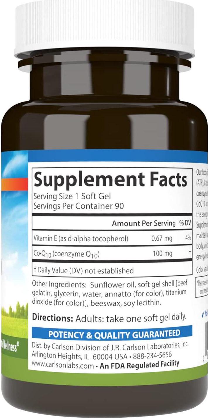 Carlson - Co-Q10, 100 mg, Energy Production and Heart Function, 90 Softgels