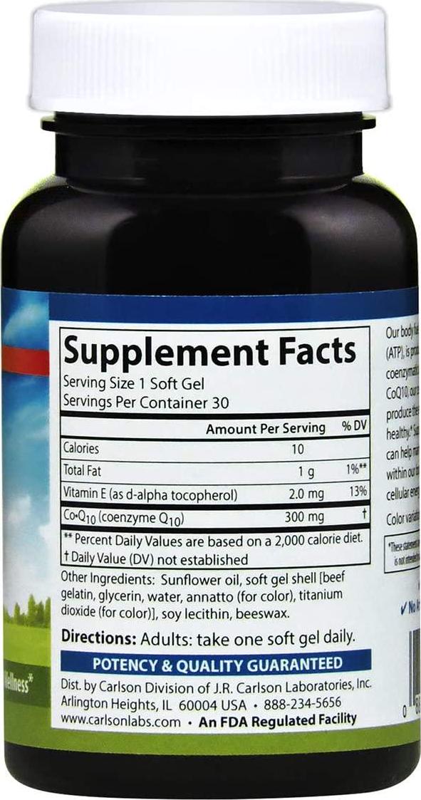 Carlson - Co-Q10, 300 mg of CoEnzyme Q10, Promotes Normal Energy Production and Heart Function, 30 soft gels