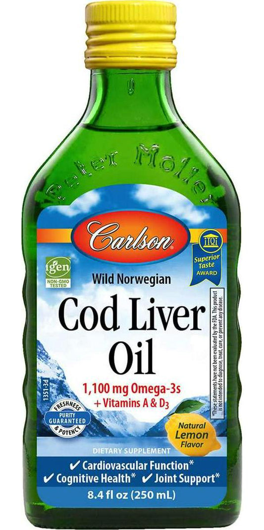 Carlson - Cod Liver Oil, 1100 mg Omega-3s, Liquid Fish Oil Supplement, Wild-Caught Norwegian Arctic Cod-Liver Oil, Sustainably Sourced Nordic Fish Oil Liquid, Lemon, 250 ml