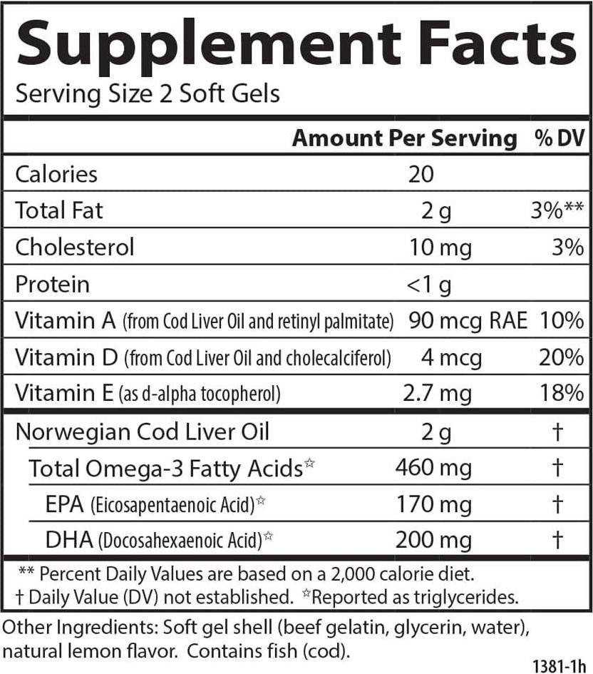 Carlson - Cod Liver Oil Gems, 460 mg Omega-3s + Vitamins A and D3, Wild-Caught Norwegian Arctic Cod-Liver Oil, Sustainably Sourced Nordic Fish Oil Capsules, Lemon, 150 Soft Gels