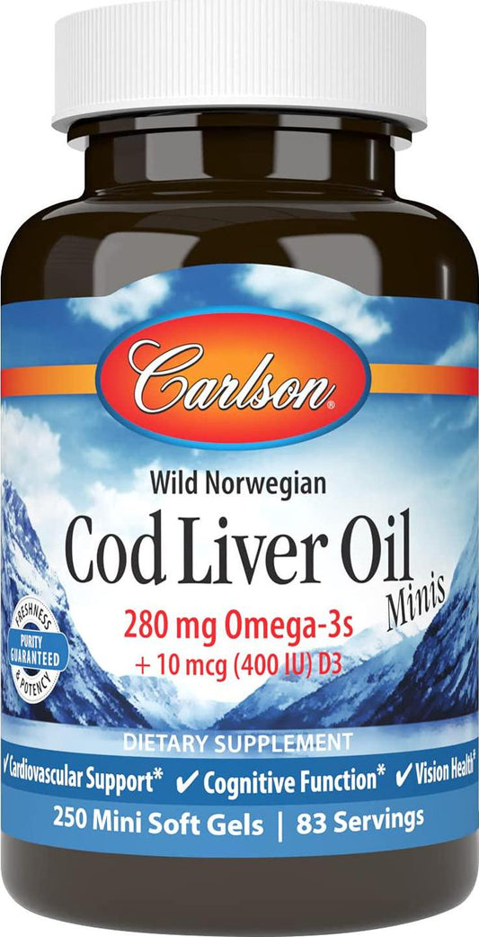 Carlson - Cod Liver Oil Minis, 280 mg Omega-3s + Vitamins A and D3, Heart Support and Cognitive Function, Vision Health, 250 Mini Soft Gels