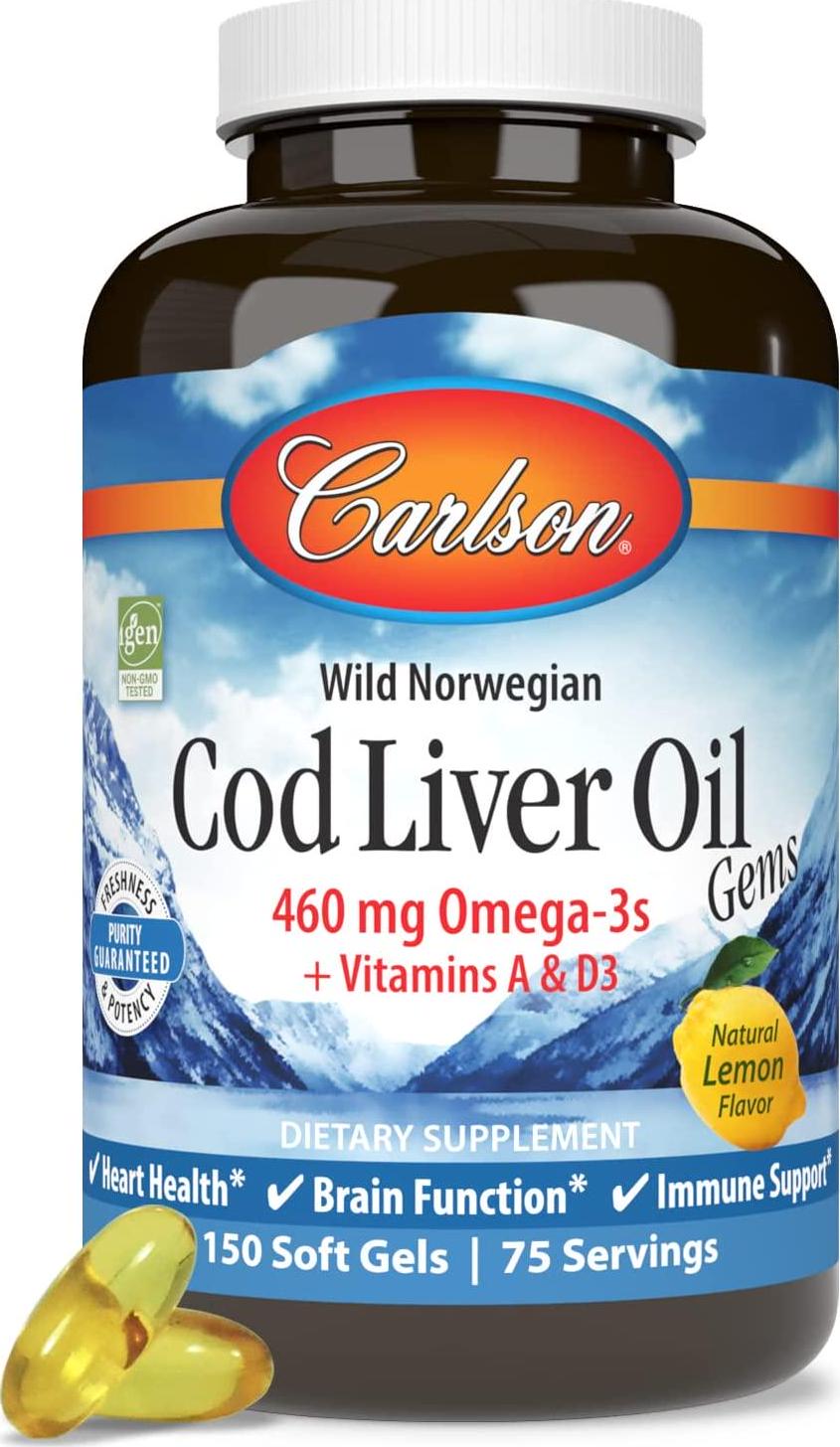 Carlson - Cod Liver Oil Gems, 460 mg Omega-3s + Vitamins A and D3, Wild-Caught Norwegian Arctic Cod-Liver Oil, Sustainably Sourced Nordic Fish Oil Capsules, Lemon, 150 Soft Gels