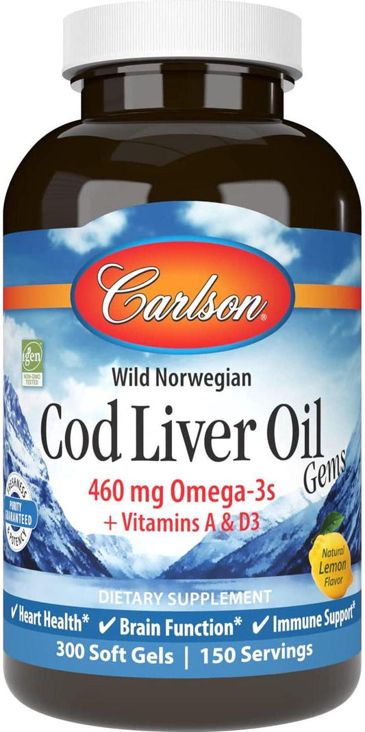 Carlson - Cod Liver Oil, 460 mg Omega-3s + Vitamins A and D3, Wild-Caught Norwegian Arctic Cod-Liver Oil, Sustainably Sourced Nordic Fish Oil Capsules, Lemon, 300 Softgels