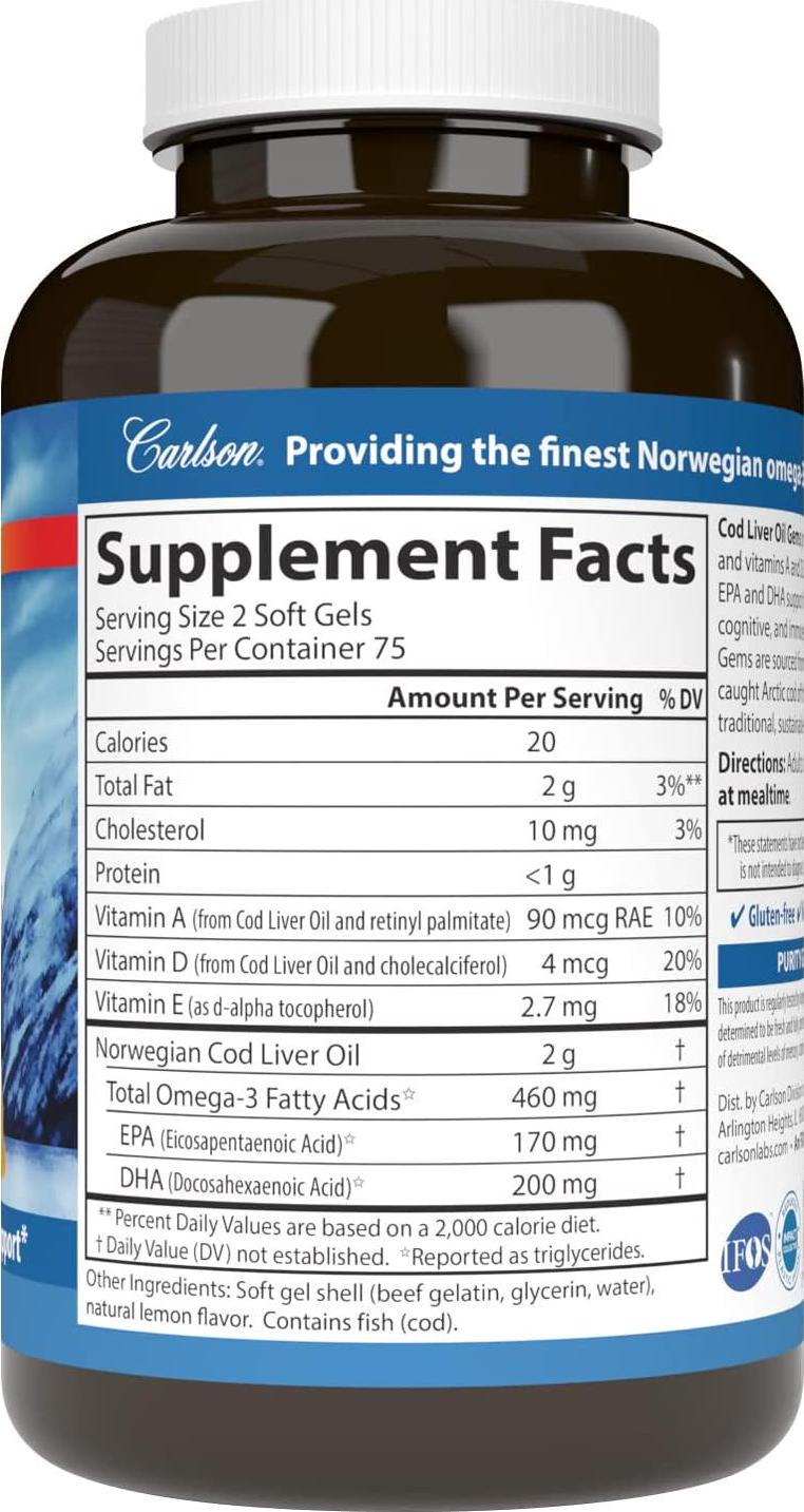 Carlson - Cod Liver Oil Gems, 460 mg Omega-3s + Vitamins A and D3, Wild-Caught Norwegian Arctic Cod-Liver Oil, Sustainably Sourced Nordic Fish Oil Capsules, Lemon, 150 Soft Gels