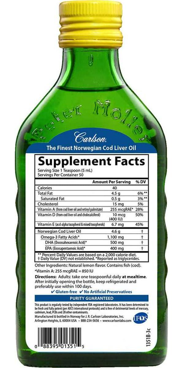 Carlson - Cod Liver Oil, 1100 mg Omega-3s, Liquid Fish Oil Supplement, Wild-Caught Norwegian Arctic Cod-Liver Oil, Sustainably Sourced Nordic Fish Oil Liquid, Lemon, 250 ml