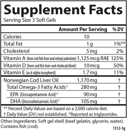 Carlson - Cod Liver Oil Minis, 280 mg Omega-3s + Vitamins A and D3, Heart Support and Cognitive Function, Vision Health, 250 Mini Soft Gels