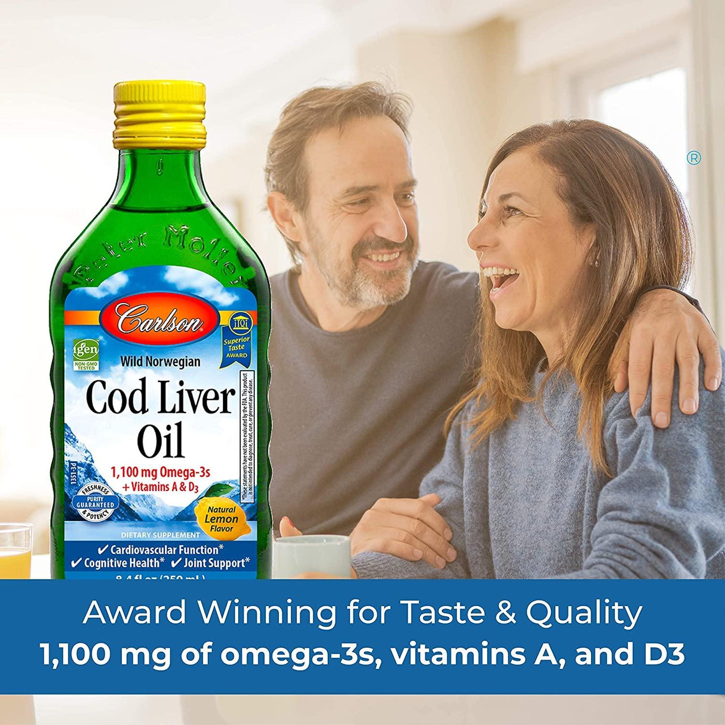Carlson - Cod Liver Oil, 1100 mg Omega-3s, Liquid Fish Oil Supplement, Wild-Caught Norwegian Arctic Cod-Liver Oil, Sustainably Sourced Nordic Fish Oil Liquid, Lemon, 250 ml