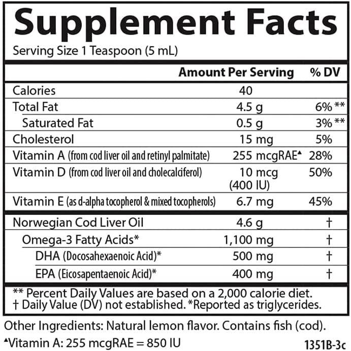 Carlson - Cod Liver Oil, 1100 mg Omega-3s, Liquid Fish Oil Supplement, Wild-Caught Norwegian Arctic Cod-Liver Oil, Sustainably Sourced Nordic Fish Oil Liquid, Lemon, 250 ml