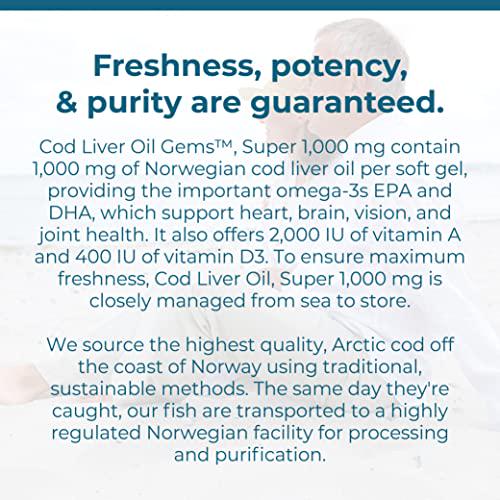 Carlson - Cod Liver Oil Gems, Super 1000 mg, 250 mg Omega-3s + Vitamins A and D3, Wild-Caught Norwegian Arctic Cod-Liver Oil, Sustainably Sourced Nordic Fish Oil Capsules, 250 Softgels