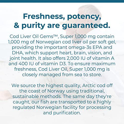 Carlson - Cod Liver Oil Gems, Super 1000 mg, 250 mg Omega-3s + Vitamins A and D3, Wild-Caught Norwegian Arctic Cod-Liver Oil, Sustainably Sourced Nordic Fish Oil Capsules, 250 Softgels