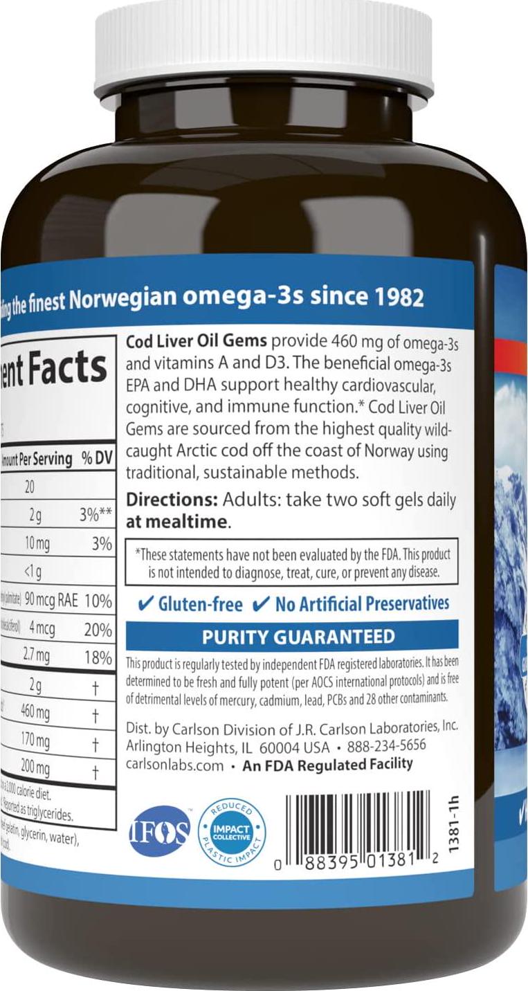Carlson - Cod Liver Oil Gems, 460 mg Omega-3s + Vitamins A and D3, Wild-Caught Norwegian Arctic Cod-Liver Oil, Sustainably Sourced Nordic Fish Oil Capsules, Lemon, 150 Soft Gels