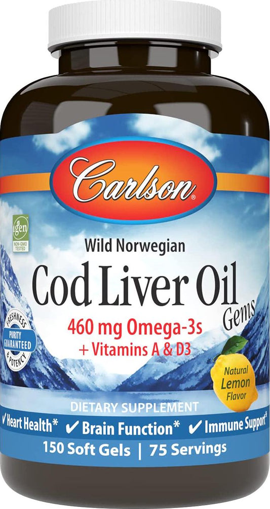 Carlson - Cod Liver Oil Gems, 460 mg Omega-3s + Vitamins A and D3, Wild-Caught Norwegian Arctic Cod-Liver Oil, Sustainably Sourced Nordic Fish Oil Capsules, Lemon, 150 Soft Gels