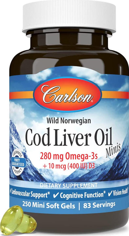 Carlson - Cod Liver Oil Minis, 280 mg Omega-3s + Vitamins A and D3, Heart Support and Cognitive Function, Vision Health, 250 Mini Soft Gels